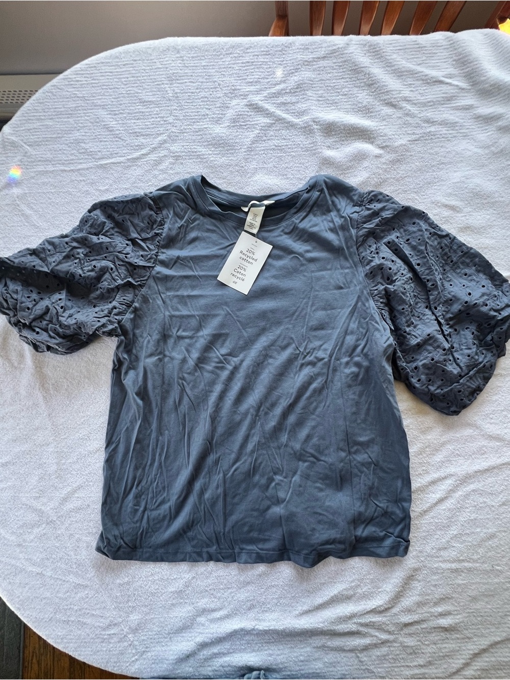 H&M Slate Blue Puff Sleeve Eyelet Tee
